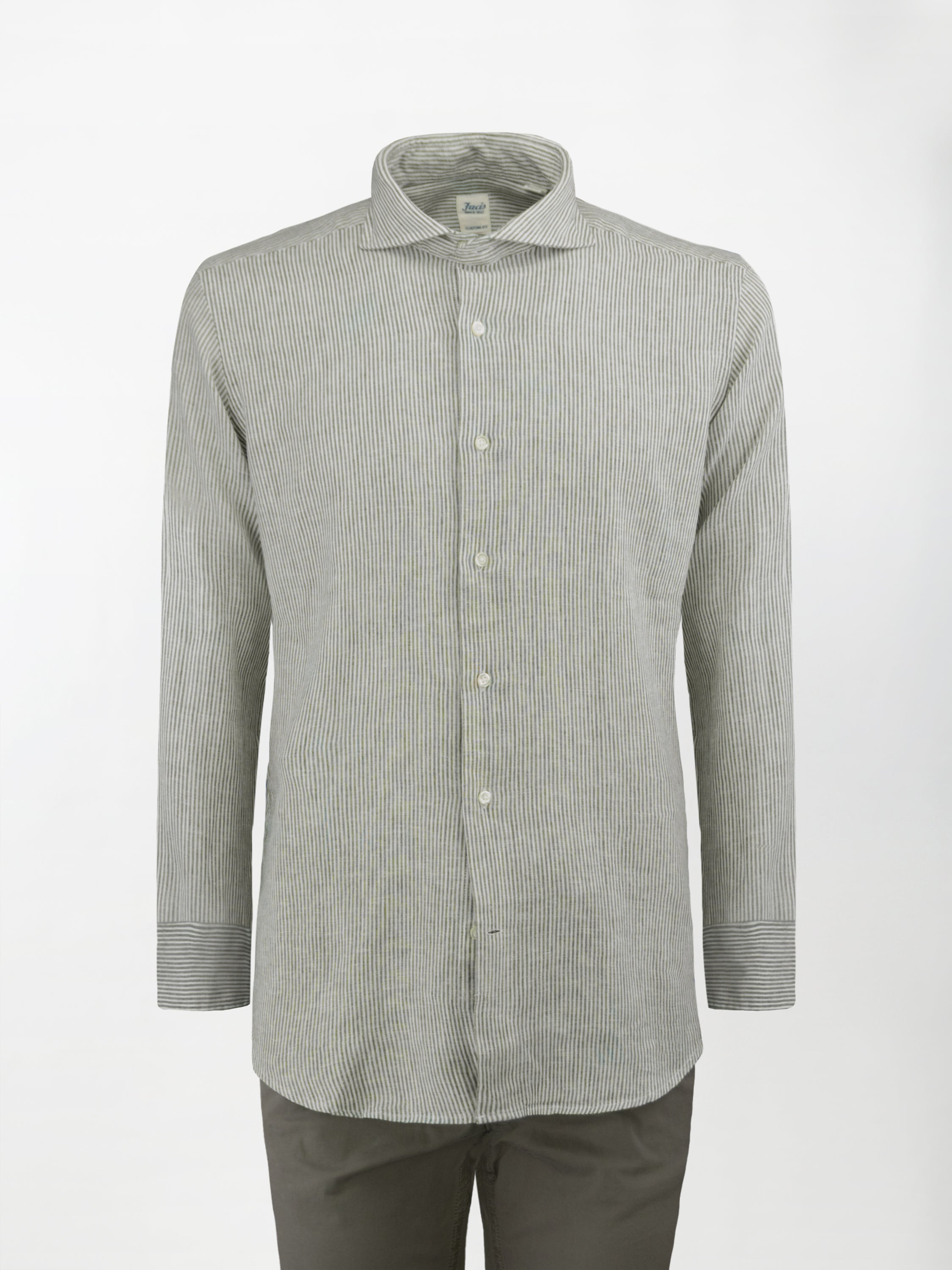 Camicia in Lino e Cotone con Collo Francese aperto - Righe Verde Salvia - Custom image 0