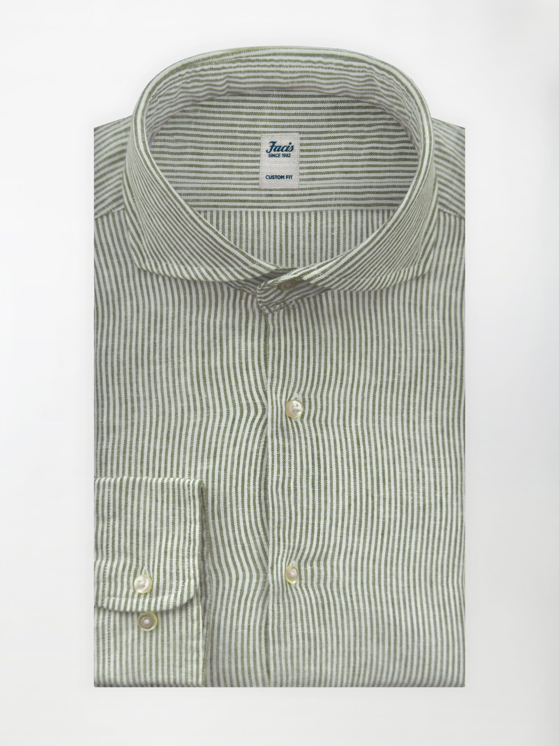 Camicia in Lino e Cotone con Collo Francese aperto - Righe Verde Salvia - Custom image 1