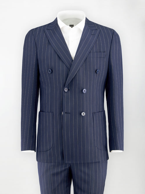 Abito Doppiopetto Gessato largo in Fresco Lana - Blu Notte | Slim fit image 0