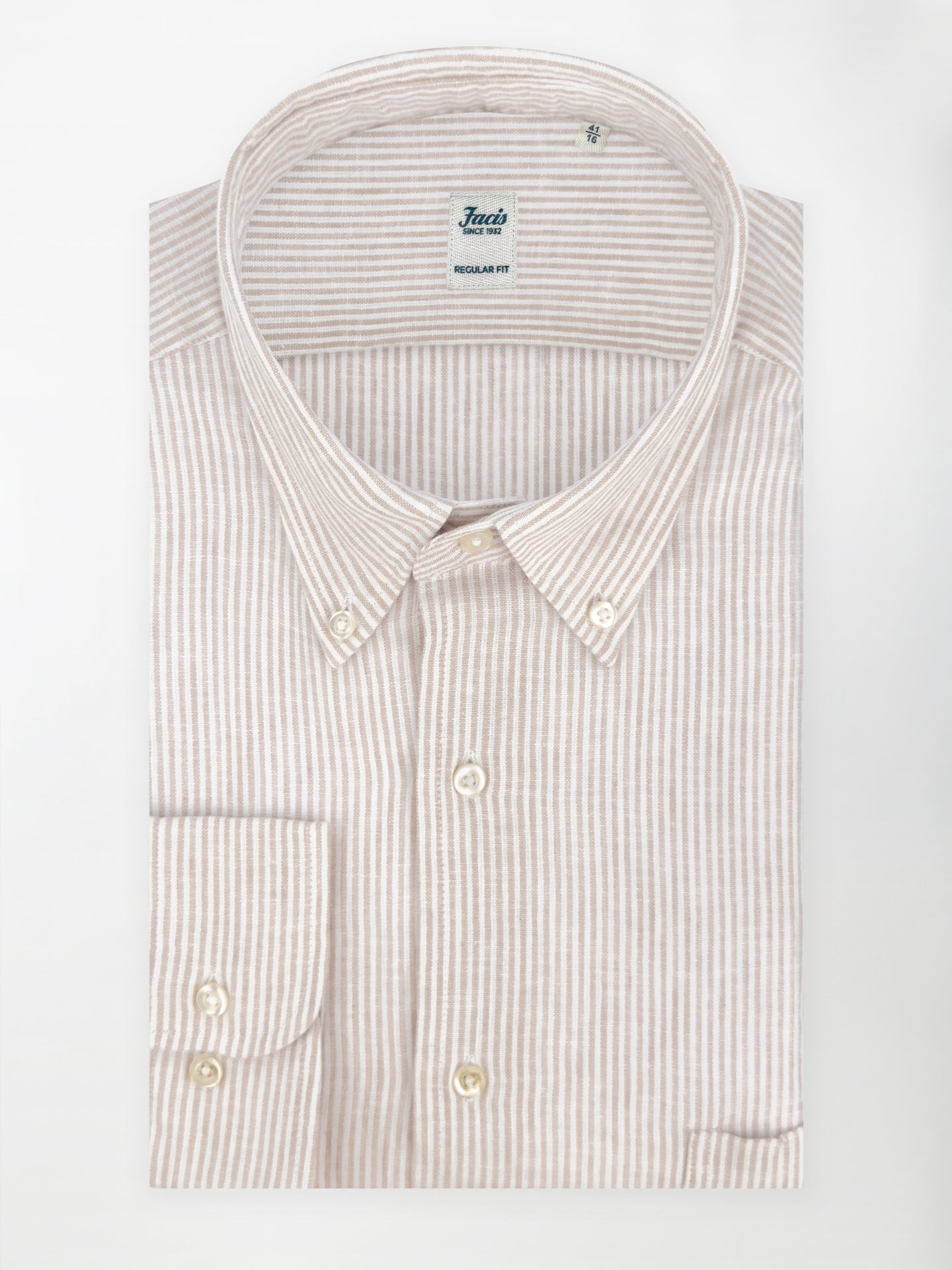 Camicia in Lino e Cotone Collo Button-Down - Righe Sabbia - Regular Fit image 0
