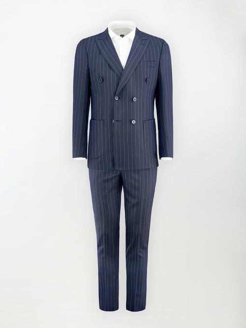 Abito Doppiopetto Gessato largo in Fresco Lana - Blu Notte | Slim fit image 1