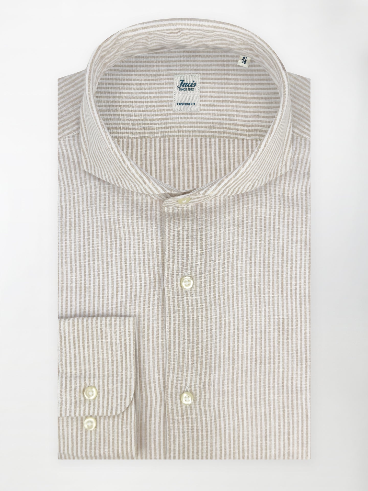 Camicia in Lino e Cotone con Collo Francese - Righe color sabbia - Custom Fit image 0