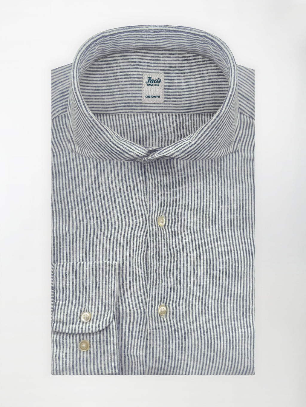 Camicia in Lino e Cotone con Collo Francese aperto - Righe Blu - Custom fit image 1