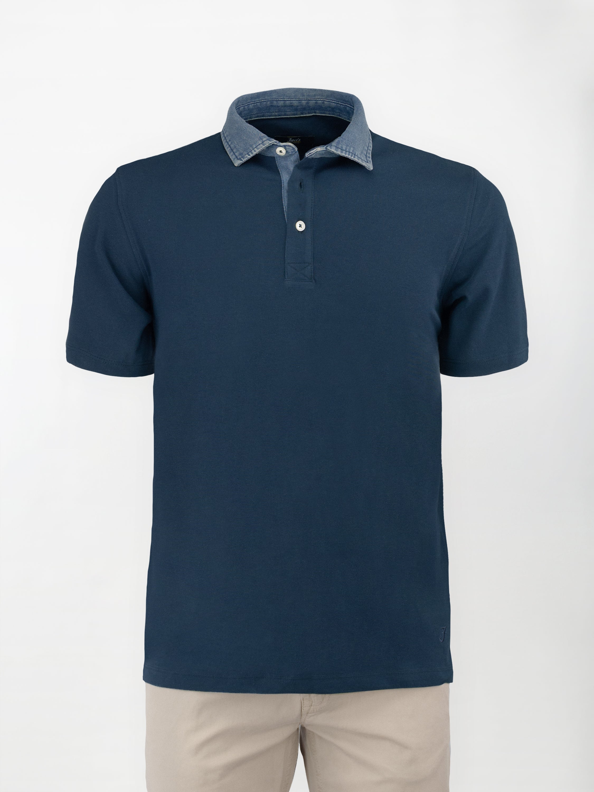 Polo in cotone piquet con colletto denim - color Blu Navy blazer image 0