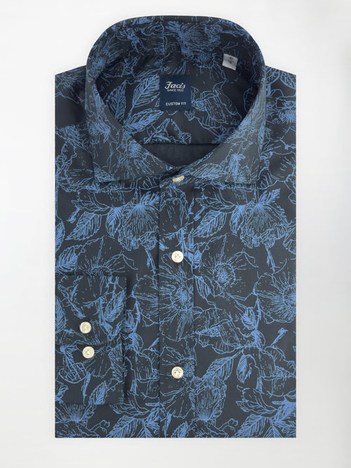 Camicia Collo Francese Fantasia Floreale - Color Azzurro su Nero - Custom Fit image 0
