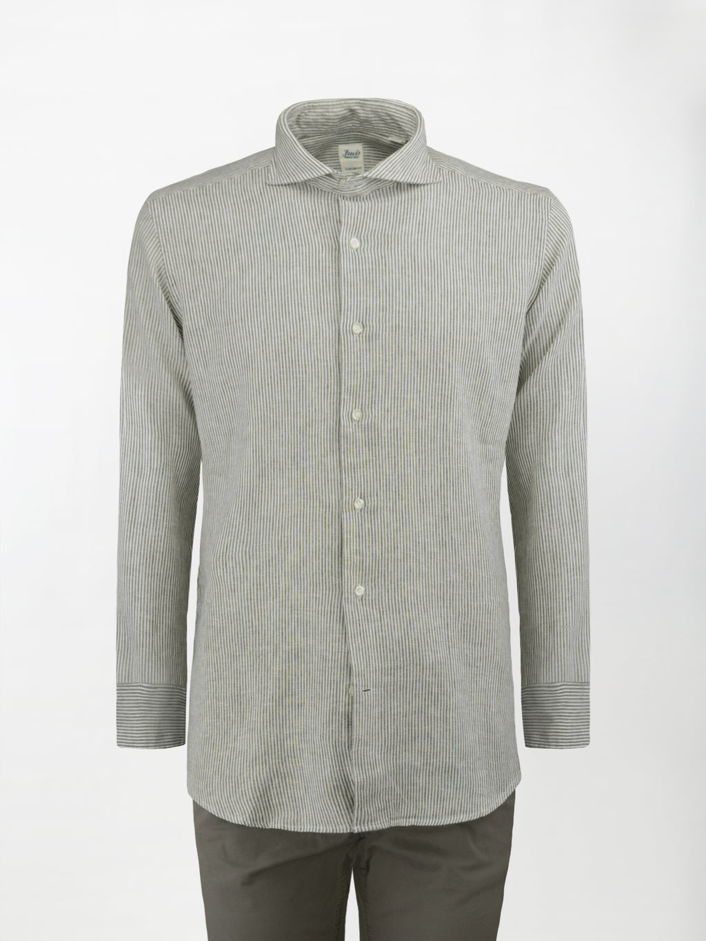 Camicia in Lino e Cotone con Collo Francese aperto - Righe Verde Salvia - Custom image 0
