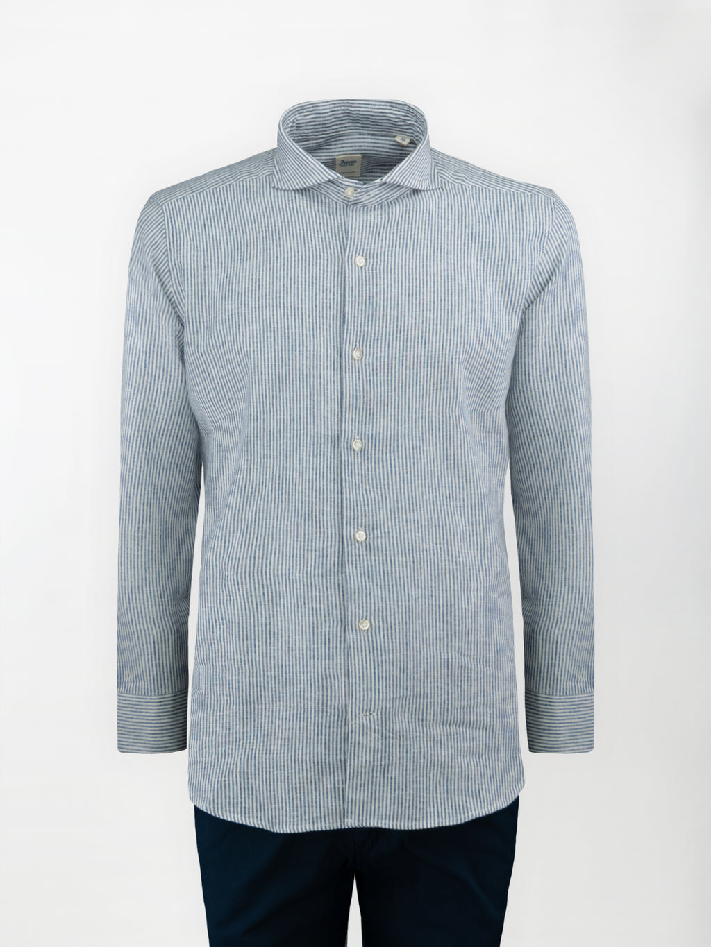 Camicia in Lino e Cotone con Collo Francese aperto - Righe Blu - Custom fit image 0