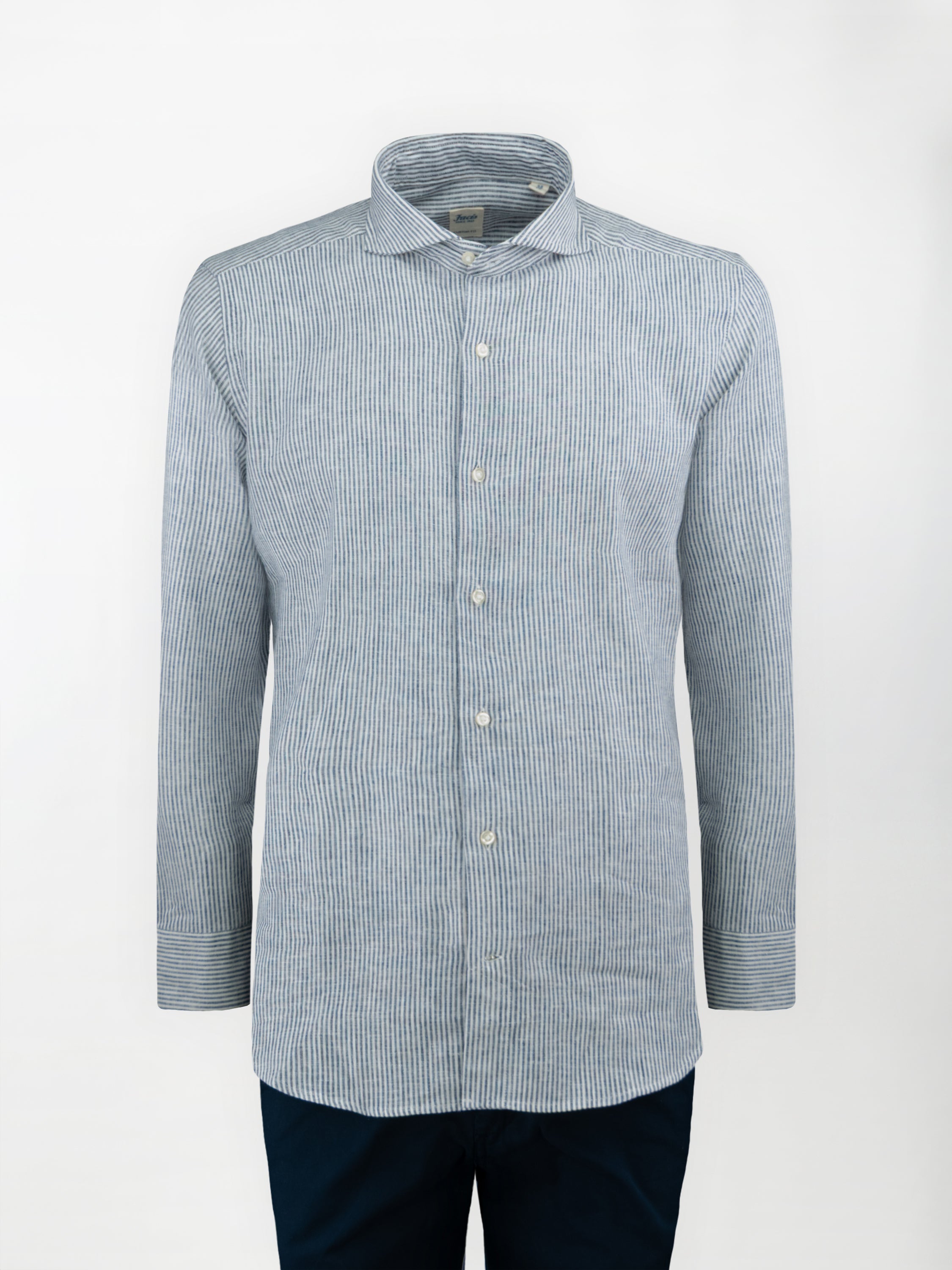 Camicia in Lino e Cotone con Collo Francese aperto - Righe Blu - Custom fit image 0
