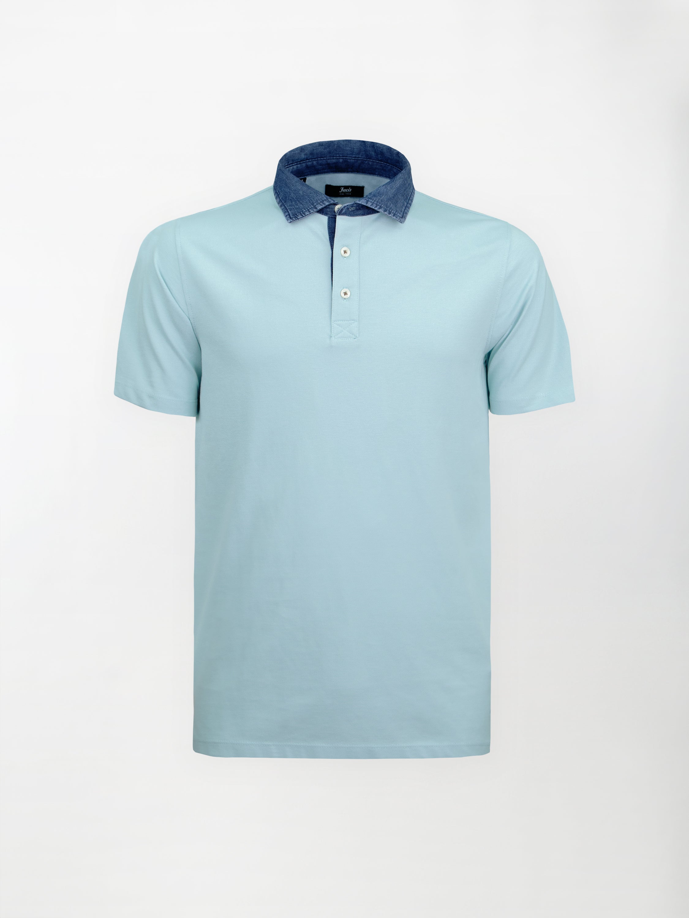Polo in cotone piquet con inserto denim su collo e maniche - color Celeste image 0